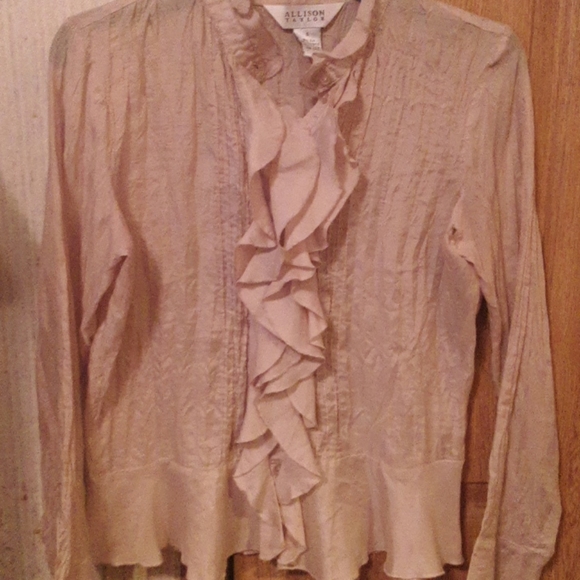 A tan silk ruffle button up shirt - Picture 3 of 3